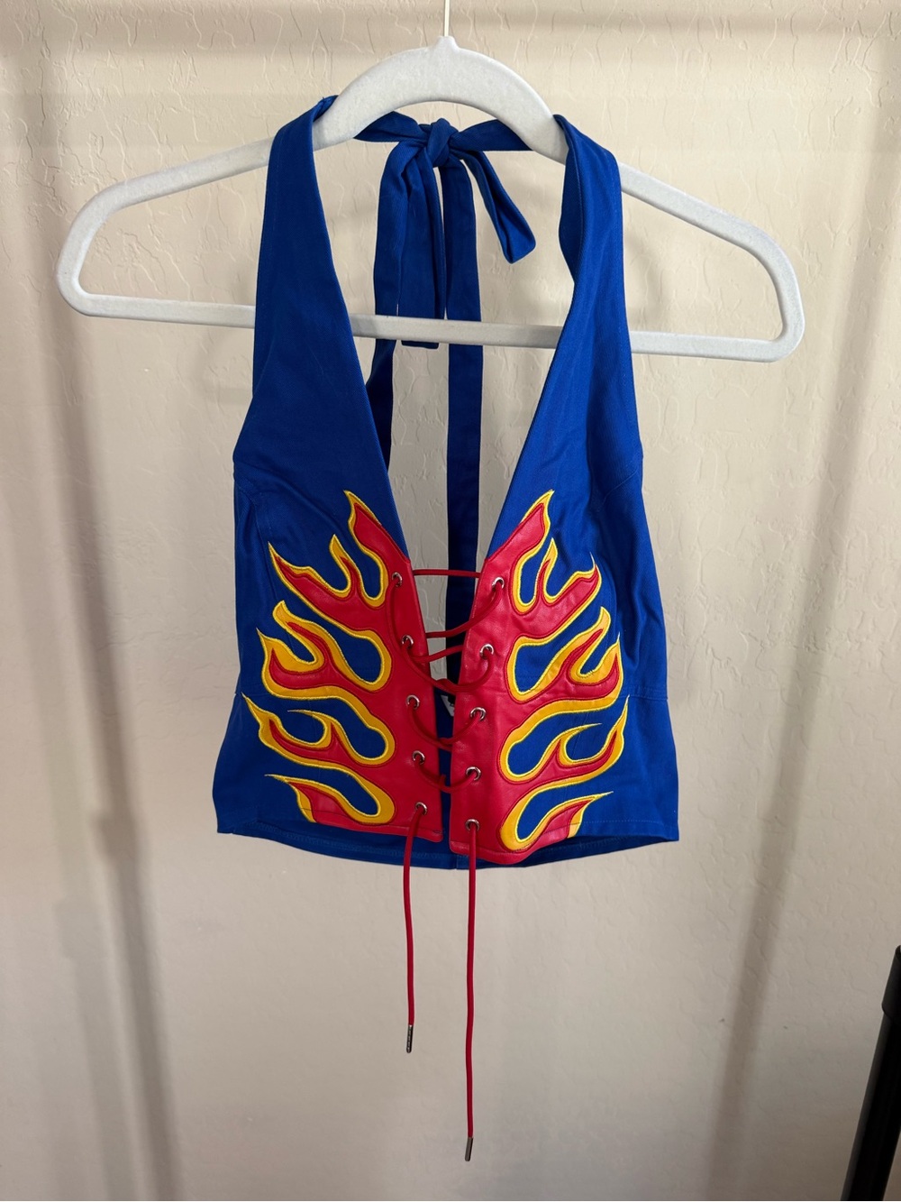 Blue Halter Lace-Up Camisole with Red & Yellow Flame Accents